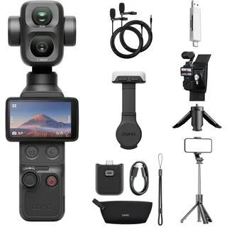 DJI Osmo Pocket 4P Standard Combo Mehrere Zubehör Bundle, Dual-Objektiv | 3× optischer Zoom, bis zu 12× Zoom, 4K/240 fps, 17 Blendenstufen Dynamikumfang, 103 GB integrierter Speicher, Fülllicht