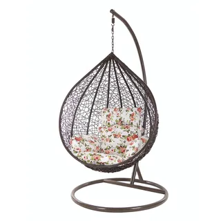 KIDEO Komplettset: großer Hängesessel mit Gestell & Kissen, XXL Größe, Korbsessel, Poly-Rattan, (Korb & Gestell: Dunkelbraun, Kissen: Blumenmuster Nest (3761 Roses))