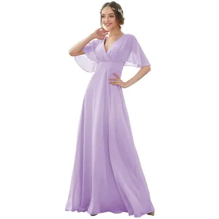 N/ C Langes Brautjungfernkleid, V-Ausschnitt, Chiffon, A-Linie, Fledermausärmel, Ballkleid mit Taschen, C027, Flieder, 48 Plus - 48 Große Größen