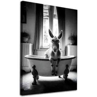 Tier-Badezimmer-Poster - Lustiges Esel-Bild in Schwarz-Weiß - Leinwand-Kunst - Esel in Badewanne Wandkunst - 40,6 x 61 cm