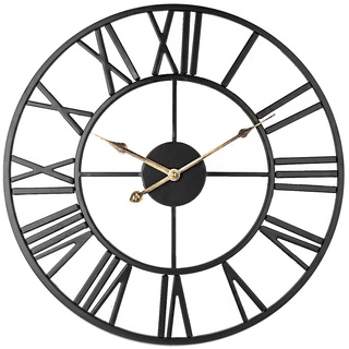 Taodyans Stilles Skelett Wanduhr römische Ziffern 40cm Metall Jahrgang große Uhr für Wohnzimmer Küche Cafe Hotel Büro Schlafzimmer Wohnkultur (Schwarzes Gold)