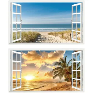 2Pcs Wandtattoo Meer Strand Beach Natur Landschaft 3D Effekt XXL Wandaufkleber Fenster Selbstklebend Wandsticker für Junge Mädchen Kinderzimmer Groß 1000mmx600mm V02