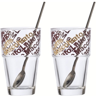 Leonardo Solo Kaffee Gläser 2er Set, Glas-Becher mit Latte-Macchiato Aufdruck inklusive Löffel, spülmaschinengeeignet, 4 teilig, 410 ml 042553