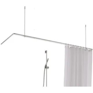 Duschvorhangstange U-Form 75x170x75 cm, aus massivem Edelstahl matt, Deckenträger einkürzbar, Winkel-Duschenstange breit, Duschstange Badewanne - PHOS Design