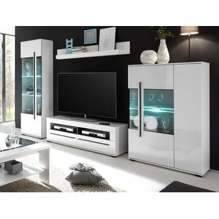 furn.design WOHNWAND Hochglanz weiß 4-teilig 350 cm, Schrankwand mit Soft-Close