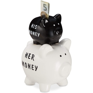 Relaxdays Sparschwein, His & Her Money, 2 Schweine, lustiges Geldgeschenk für Paare & Hochzeiten, Spardose, schwarz/weiß, 1 Stück