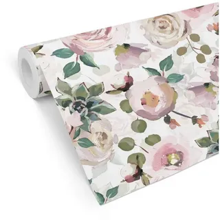 K&L Wall Art Mustertapete Kunstdruck Blumen Aquarell Vliestapete Pfingstrosen Blumentapete modern, Gemälde Tapete weiß 0.48 m x 5.28 m