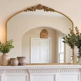 PERFNIQUE Gold Vintage Spiegel, 91 x 76 cm gewölbter antiker Barockspiegel für Wand, Messing Traditionelle kunstvolle Wanddekoration für Badezimmer Wohnzimmer Kamin Eingang Flur (91 x 76 cm)