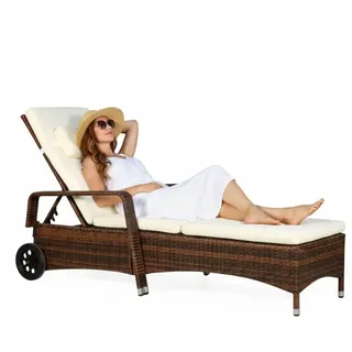 Melko Gartenliege Braun mit Auflage Strandliege mit Rädern Gartenliege wetterfest Loungeliege Rattanmöbel Liege
