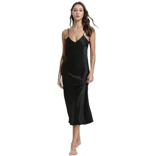 WSQHAO Träger-Nachthemd Sexy langes Schlafkleid aus Satin und Viskose, Nachtwäsche mit Hosenträgern, Nachthemd for Damen, Nachtwäsche for zu Hause(Black,S)