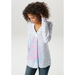 Aniston CASUAL Schlupfbluse mit Statement-Schriftzügen und coolen Leoprint Blau 40