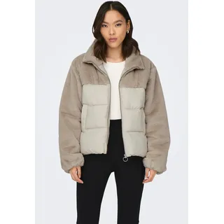Steppjacke ONLY "ONLWANJA – Jacke mit Plüschdetails und hohem Kragen", Damen, Gr. XS, gelb (moonbeam), Web, Obermaterial: 50% Nylon, 50% Polyester, unifarben, hüftlang, Jacken Steppjacke, Materialmix