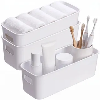 Bailtouk 3 Stück Aufbewahrungskorb Kunststoff, Organizer Box mit Griffen | Aufbewahrungsbox Weiß Multifunctional Ordnungsboxen für Küche, Badezimmer, Küchenschrank (28×9,5×10cm)