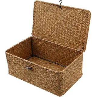 Alovez - Aufbewahrungsbox aus geflochtenem Rattan mit Deckel – Wäschekörbe aus Seegras – Make-up-Organizer – für Badezimmer, Wohnzimmer, Küche,
