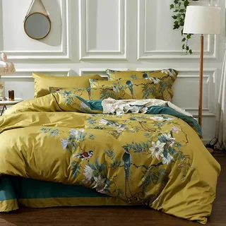 mixinni Bettwäscheset im Gartenstil, Baumwolle, Blumen und Vögel, Bedruckt, goldfarben, wendbar, Pfauenblau, 3-teiliges Bettwäsche-Set mit Reißverschluss, perfekt für Sie und Ihn