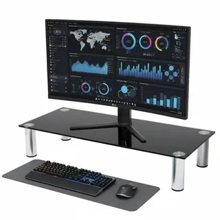 Mucola TV-Tisch Fernsehtisch Monitorständer aus Glas 80 cm Schwarz | Gehärtetes Sicherheitsglas 8 mm bis 30 kg, verchromte Metallbeine, Stauraum unter der Platte, für Fernseher und Monitor