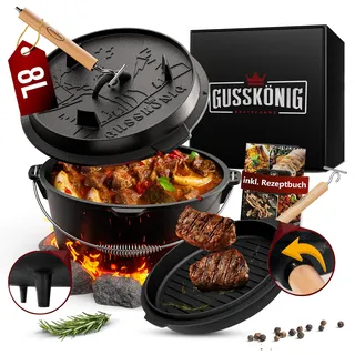 GUSSKÖNIG Dutch Oven Set - Eingebrannter Dutch Oven 8 Liter - Feuertopf Gusseisen mit Füßen - Schmortopf Doppelfunktion - inkl. 2in1 Deckelheber, Dutch Oven Rezeptbuch [für 3-6 Personen]