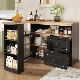 Merax 360° drehbarer Bartisch mit Stauraum Schwarz, Ausziehbarer Hochtisch Kücheninsel, Moderne Essbar mit 2 Schubladen, Snackregal & Bogenglas, Beweglicher Sideboardschrank 138-204×39×104 cm