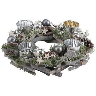Home affaire Adventskranz Weihnachtsdeko aus Echtholz, mit Kunstschnee und Glitter, Kerzenhalter für 4 Teelichter, Ø 30 cm grau|grün|silberfarben