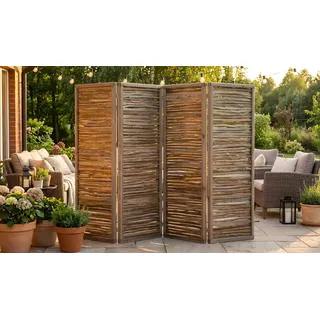 Paravent Terrasse 240 x 160 cm – 4-teilig, schiefergrau lasiert, Kiefernholzrahmen mit gespaltenen Haselnussstangen, klappbar, für Garten & Balkon