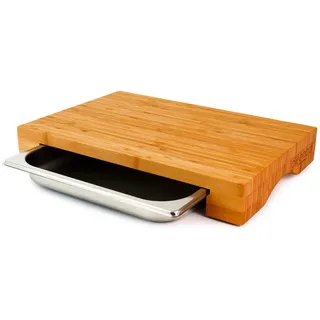 cleenbo Schneidebrett mit Auffangschale - Profi Holz Küchenbrett aus Bambus - 43 x 29 x 7 cm, Bambus, Bambus, Holzbrett mit Auffangschale aus Edelstahl (GN) braun