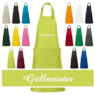 Schnoschi Grillschürze Hochwertige Küchenschürze mit Grillmeister bestickt, Grill Schürze, Stickerei Grillmeister, Große Tasche mit 2 Fächern, Metallschlaufe grün