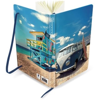 VW Collection by BRISA Notizbuch Volkswagen Tagebuch, liniert im Hardcover-Einband im T1 Bulli Design, Schreibbuch mit Beachlife-Motiv im DIN A5 Format blau