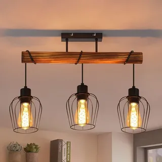 ZMH Deckenleuchte 3 flammige Holz Deckenlampe Wohnzimmerlampe Industrial mit höhenverstellbaren Strahlern Metall Holz Schwarz E27 Vintage