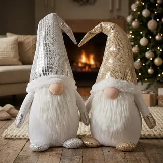 Wichtel Deko Figur groß 2 Stück Weihnachten Gnom sitzend 61 cm silber-gold