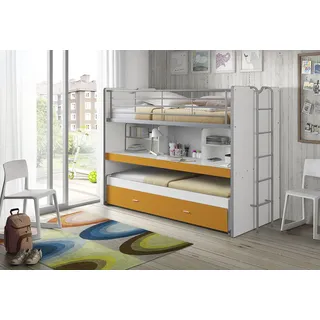 Hochbett VIPACK "Bonny, mit 3 Schlafgelegenheiten, super praktisch im Kinderzimmer", orange (weiß, orange), B:102cm H:161cm L:222cm, Hochbetten, Hochbett, mit großer Schreibplatte, Regalfächern, viel Funktion auf kleinem Raum