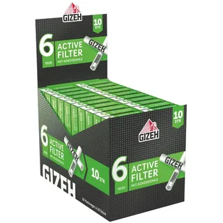 GIZEH BLACK Active Filter, Ø 6 mm – 20 Packungen á 10 Filter | Slim-Format Aktivkohlefilter mit Aktivkohle aus Kokosschale - praktischer 10er-Pack