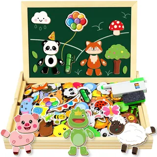 COOLJOY Montessori Spielzeug ab 3-6 Jahre,Puzzle ab 3 4,Magnetisches Holzpuzzle 120+ Stück, Doppelseitige Magnettafel, Christmas Geschenk für Kinder ab 3-6Jahre Mädchen Und Jungen
