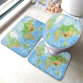 Ahdyr Karte Badematten-Set Weltkarte Land Staat Erde Berg Land Badezimmermatte 3-teilig Teppich Toilettensitzdeckel Abdeckung rutschfeste Matte Anti-Rutsch-Pad Grün Blau