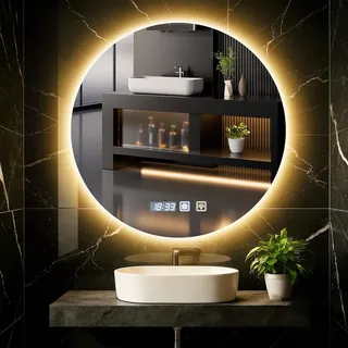 wowspeed Badspiegel Rund mit Beleuchtung 60cm Diameter, Badspiegel Rund Beleuchtet mit Uhr, LED, Dimmbar, 3 Lichtfarben, Entfogging, Memory of Light, Spiegel mit Beleuchtung Bad