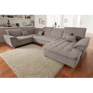 Wohnlandschaft DOMO COLLECTION "Franzi wahlweise mit Kopfteilverstellung Bettfunktion, Bettkasten", grau (taupe), B:352cm H:80cm T:214cm, Flachgewebe (100% Polyester), Chenille (100% Polyester), Sofas, im XXL-Format B/T/H: 352/214/80 cm, Steppung im Sitz, U-Form, Topseller