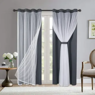 Bonzer Graue Verdunkelungsvorhänge mit weißen, durchsichtigen Voile-Vorhängen, doppellagig, Mix and Match, Vorhänge mit Ösen, für Wohnzimmer, Grau, 132 x 213 cm, 2 Paneele