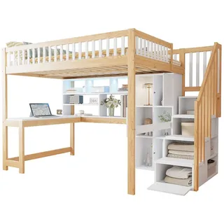 SOFTWEARY Hochbett mit Schreibtisch und Stauraum (140x200 cm, Regal, Schrank, Rausfallschutz und Treppe) Kinderbett, Jugendbett, Kiefer beige