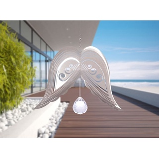 Illumino Edelstahl Windspiel Engelsflügel Angelo-Aria mit 30mm Kristallkugel für draußen hängend, Gartendeko für draußen, Fensterdeko hängend