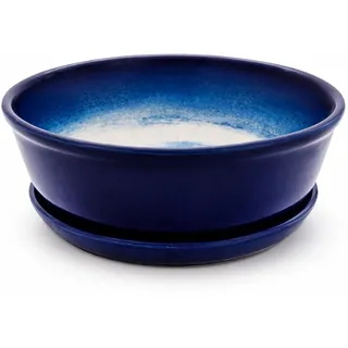 Kerazo Keramik Bonsaischale wo die Unterschale direkt an der Pflanzschale befestigt ist rund 17,5x6cm hochwertig, robust, frostbeständig, langlebig mit Bodenloch (blau)