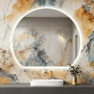 PHQCIV Halbrunder Beleuchteter Badezimmerspiegel, 3-farbige LED-Beleuchtung, Dekorativer Wandspiegel Mit Touch-Schalter, 50x45cm|60x52cm|70x62cm|80x72cm|90x82cm Beleuchteter Spiegel(Style A,80x72cm)