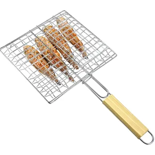 Fischgitter für Grill, Fischgitter für Camping – Grillkorb mit Holzgriff – tragbarer -Grillkorb, hitzebeständiger Holzgriff