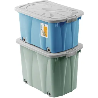 PAFEN Piraten Spielzeugkisten SET  2x Schatzkiste 49l + 62l mit Rollen Grün/Blau