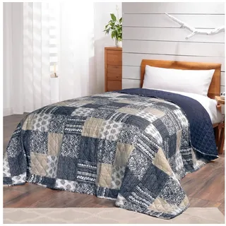 Delindo Lifestyle Bettüberwurf Tagesdecke Mellow, patchwork blau, wattiert, Bettüberwurf für Einzel- und Doppelbetten blau 240 cm x 220 cm