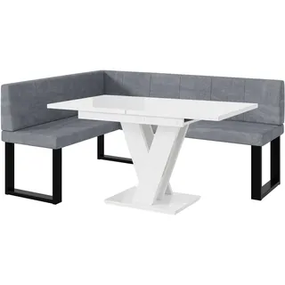 MEBLINI Eckbank für Esszimmer mit ausziehbarem Tisch - Küchenbank - Essecke - Sitzecke Küche - Peter - U-Beine 128x168x87cm Links - Grau Samt/M Weiß Hochgl.