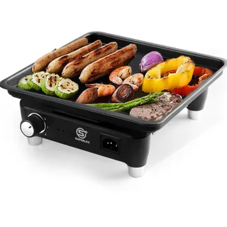 SUPERLEX Elektrischer Grill Teppanyaki-Grill für drinnen und draußen, antihaftbeschichtete Tischgrill-Kochplatte für Raclette Küche, Party, Camping, einstellbarer Thermostat, abnehmbares Design 27 cm