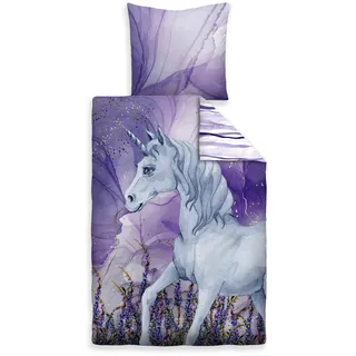 Traumhaft schlafen - Castell - Markenbettwäsche Baumwoll Renforce Bettwäsche 0400910 Einhorn 1x 135x200 cm + 1x 80x80 cm, violett