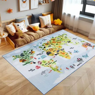 SIMPEX KinderTeppich, Weltkarte mit Tierdesign, Teppich Blau, 100 x 150 cm, Teppich für Kinder, Teppich Kinderzimmer