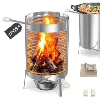 YRHome 1er Edelstahl Poolheizung Feuertonne Mit Heizspirale,Ø32/ Ø38mm 2 in 1 Anschluss,Brennholz Heizung,Mit Feuerschutzmatte & Restasche Auffangwanne,28 L Inhalt Gartendusche Heizungen,Silber