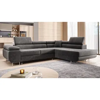 Wohnlandschaft Ecksofa Monaco Samt Grau mit Bett Bettkasten Kopfteilverstellung