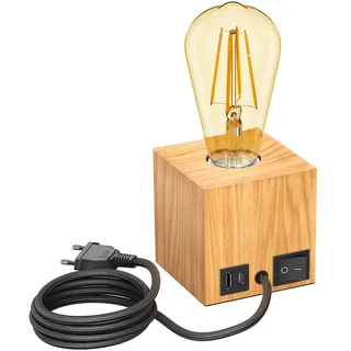 ledscom.de Tischlampe HITO, Holz massiv, eckig, USB, inkl. E27 Lampe Retro, gold, max. 814lm, 3-Stufen, extra-warmweiß